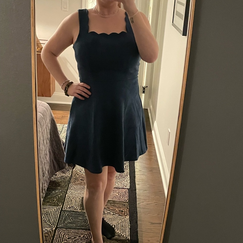 Blue suede scalloped neck dress